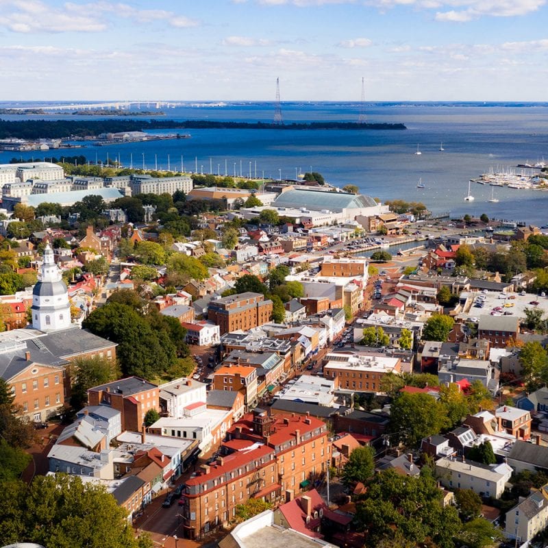 Aerial shot of downtown Annapolis and harbor